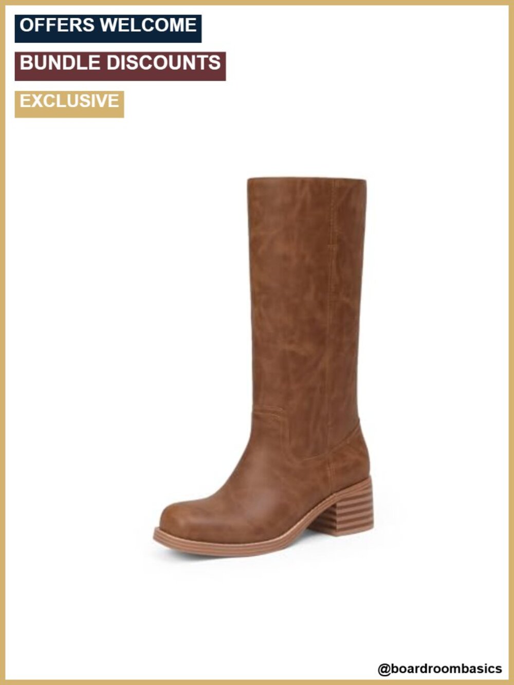 Faux Leather Mid Calf Boots Chunky Block Low Heel Square Toe